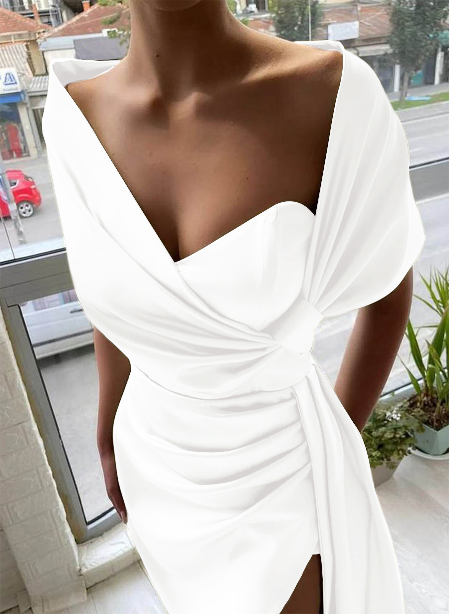 Whimsical Bow Wrap Asymmetric Silk Like Satin Bridesmaid Dresses With Front Slit, product image 80