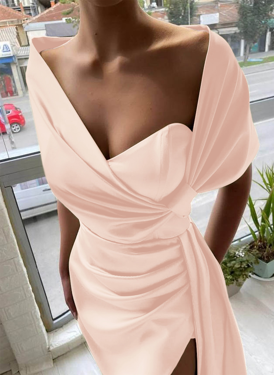 Whimsical Bow Wrap Asymmetric Silk Like Satin Bridesmaid Dresses With Front Slit, product image 72