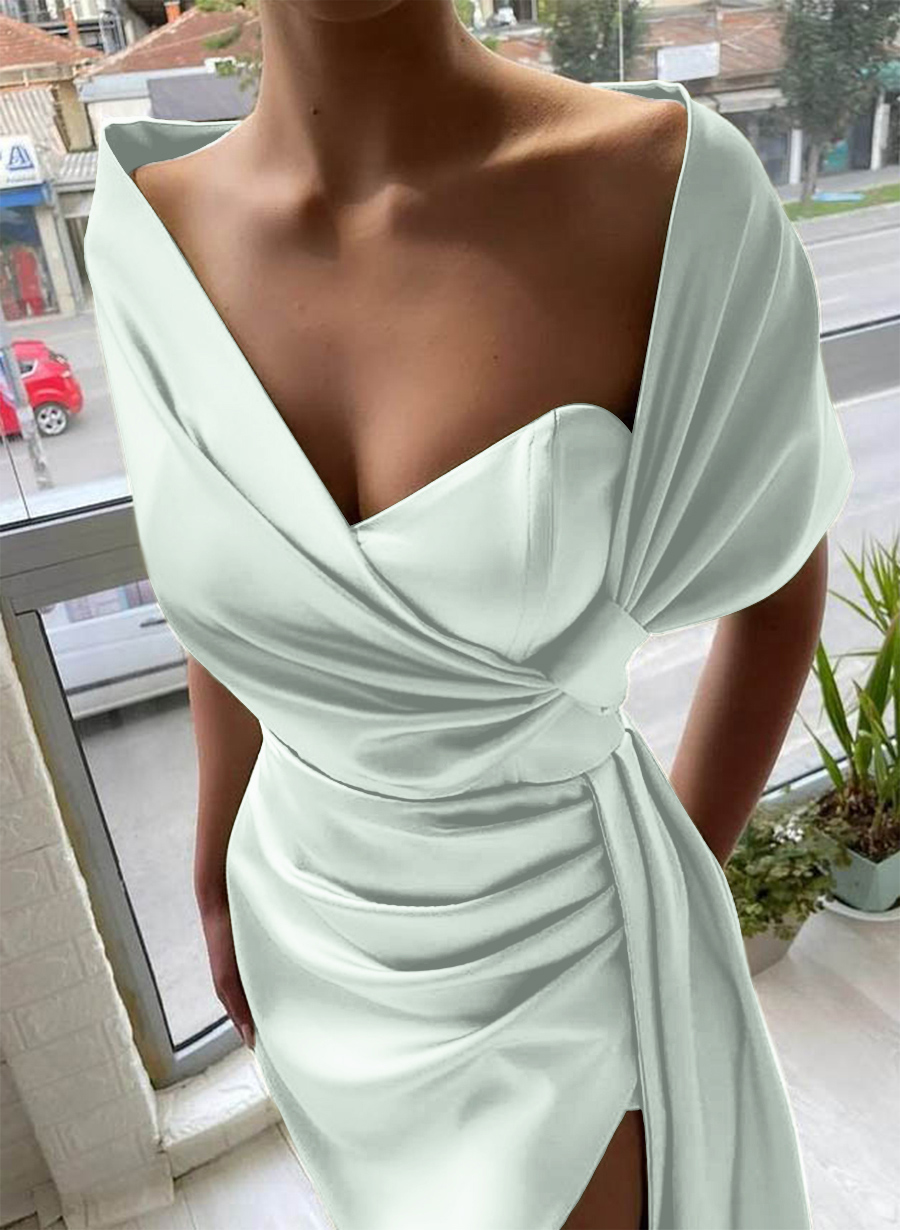 Whimsical Bow Wrap Asymmetric Silk Like Satin Bridesmaid Dresses With Front Slit, product image 164