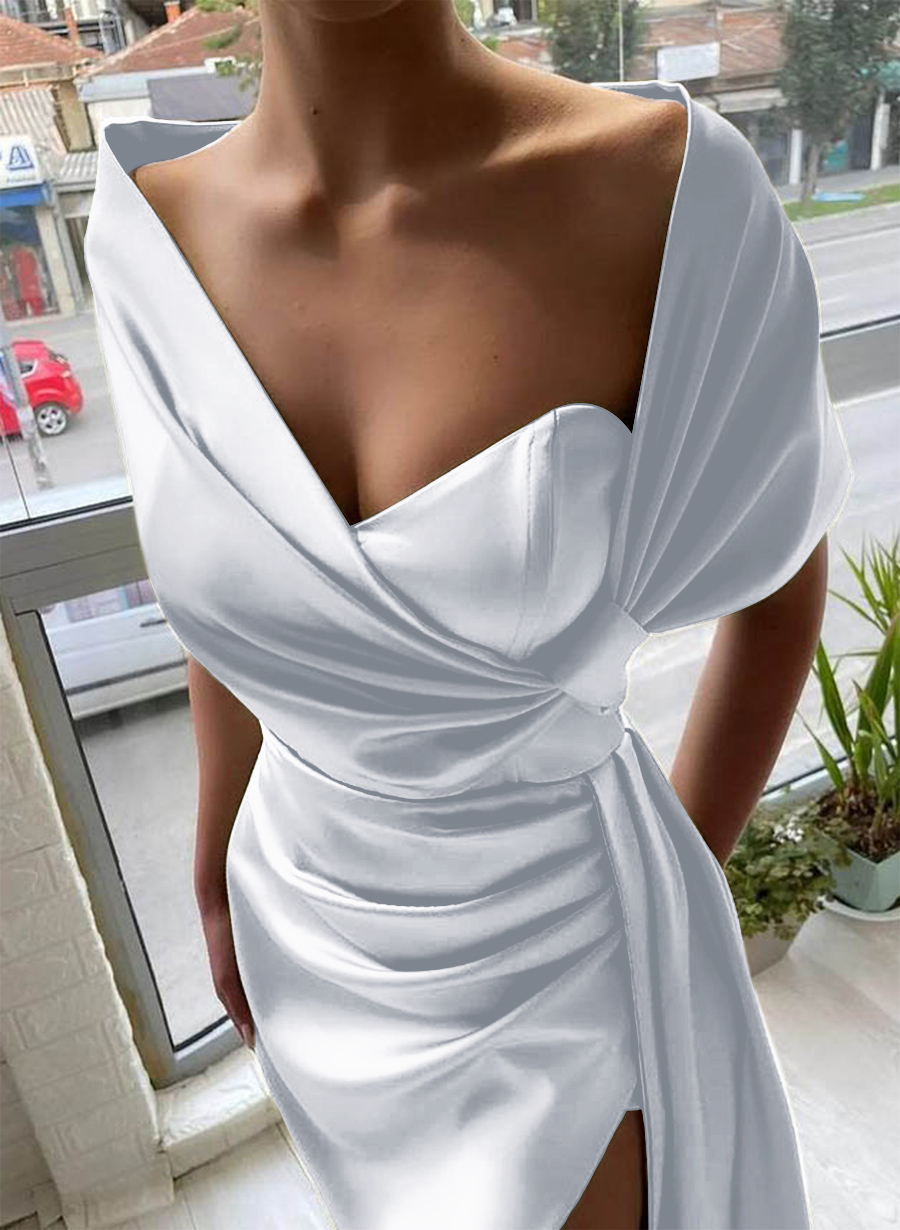 Whimsical Bow Wrap Asymmetric Silk Like Satin Bridesmaid Dresses With Front Slit, product image 52