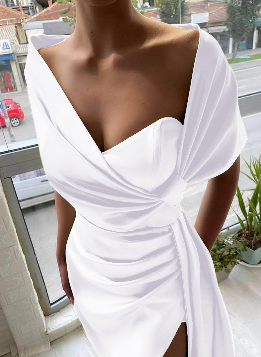 Whimsical Bow Wrap Asymmetric Silk Like Satin Bridesmaid Dresses With Front Slit, product image 172