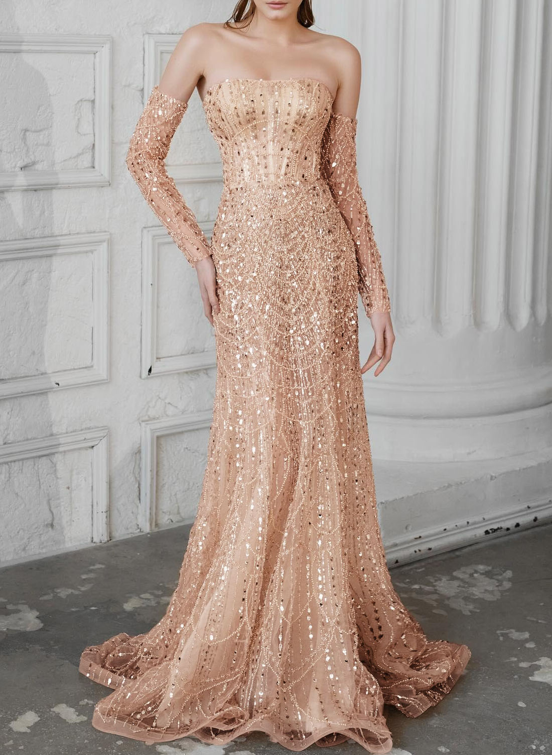 Fitted Glitter Trumpet Beaded Sweetheart Detachable Sleeves Wedding Dresses With Lace Up Back