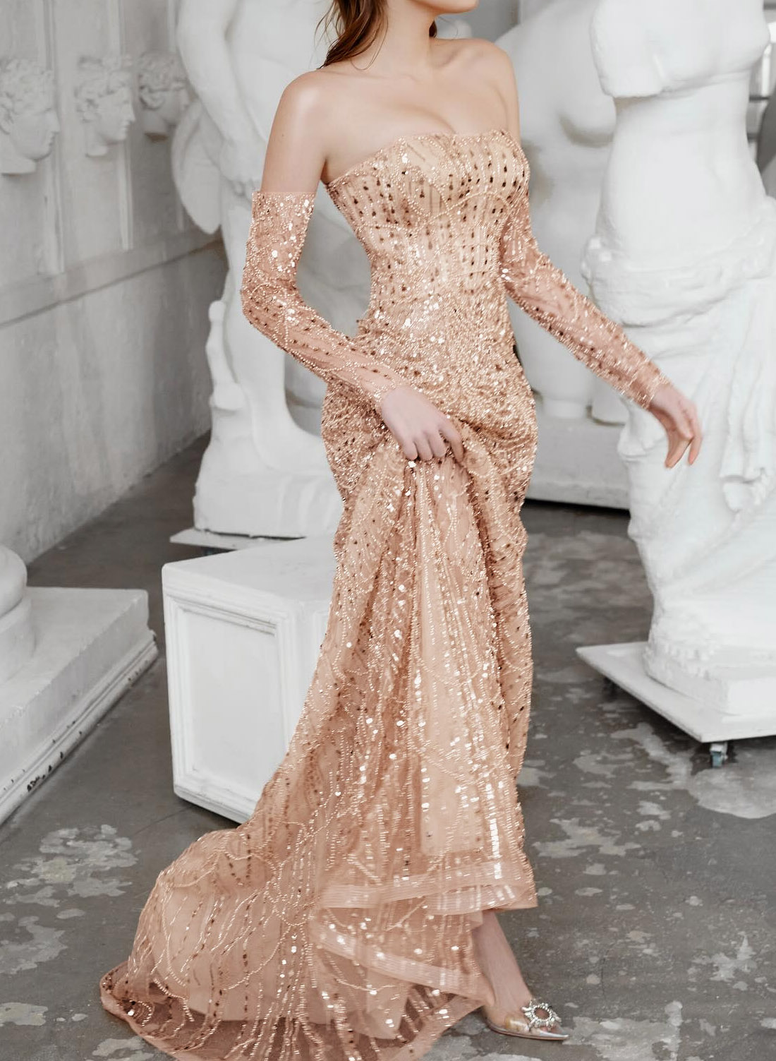 Fitted Glitter Trumpet Beaded Sweetheart Detachable Sleeves Wedding Dresses With Lace Up Back