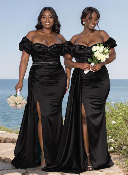 Puffy Off-Shoulder Stretch Satin Bridesmaid Dresses With Sweeping Side Drape