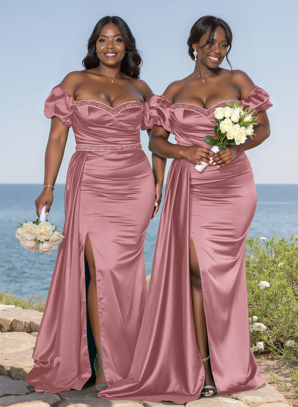 Puffy Off-Shoulder Stretch Satin Bridesmaid Dresses With Sweeping Side Drape