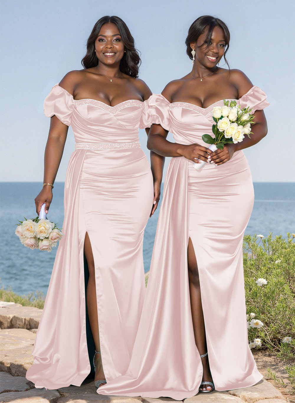 Puffy Off-Shoulder Stretch Satin Bridesmaid Dresses With Sweeping Side Drape