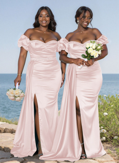 Puffy Off-Shoulder Stretch Satin Bridesmaid Dresses With Sweeping Side Drape