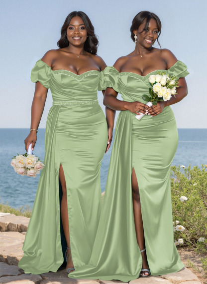 Puffy Off-Shoulder Stretch Satin Bridesmaid Dresses With Sweeping Side Drape