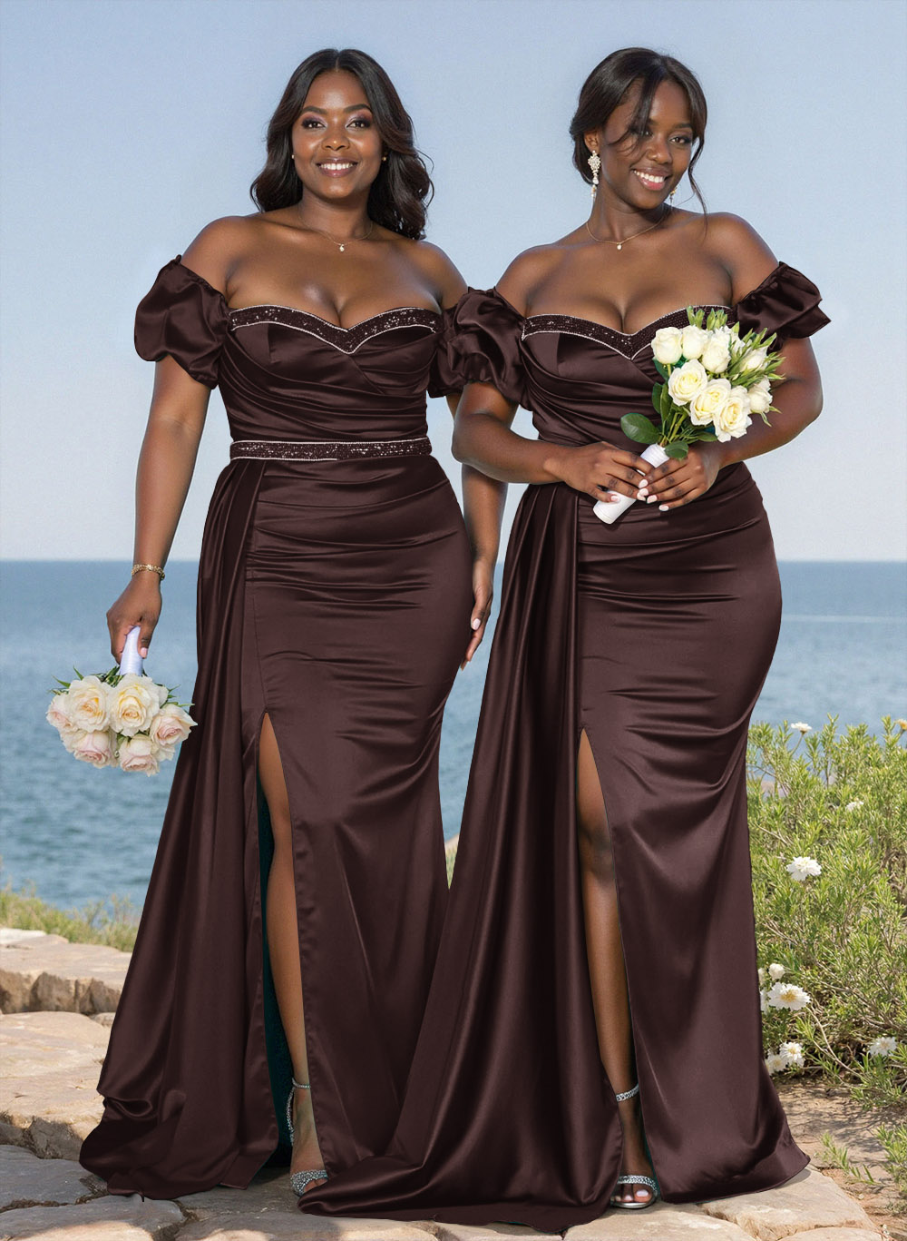 Puffy Off-Shoulder Stretch Satin Bridesmaid Dresses With Sweeping Side Drape