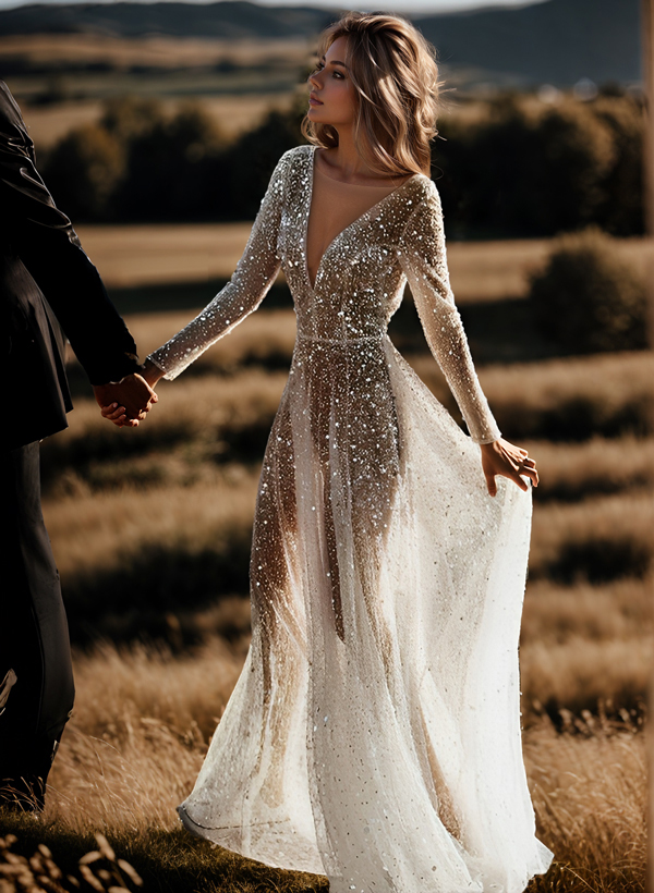 Boho Sequin V-Neck Long Sleeves Sweep Train Wedding Dresses, image 1