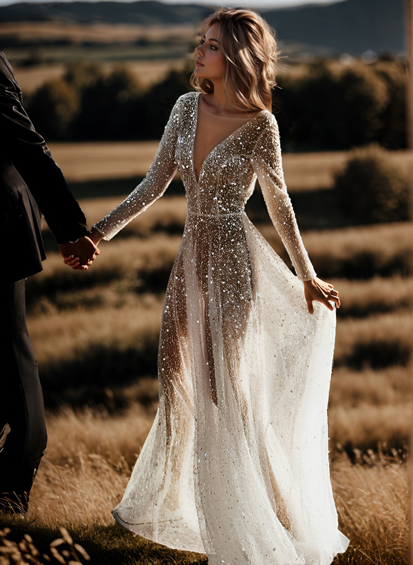 Boho Sequin V-Neck Long Sleeves Sweep Train Wedding Dresses in As Picture, US2