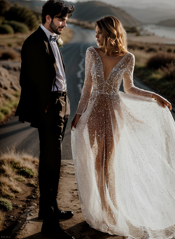 Boho Sequin V-Neck Long Sleeves Sweep Train Wedding Dresses, image 2