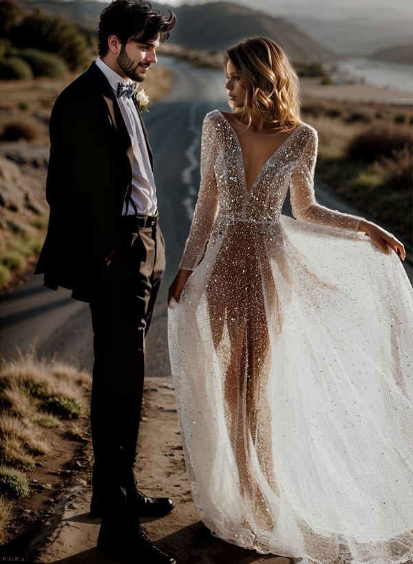 Boho Sequin V-Neck Long Sleeves Sweep Train Wedding Dresses, image 2