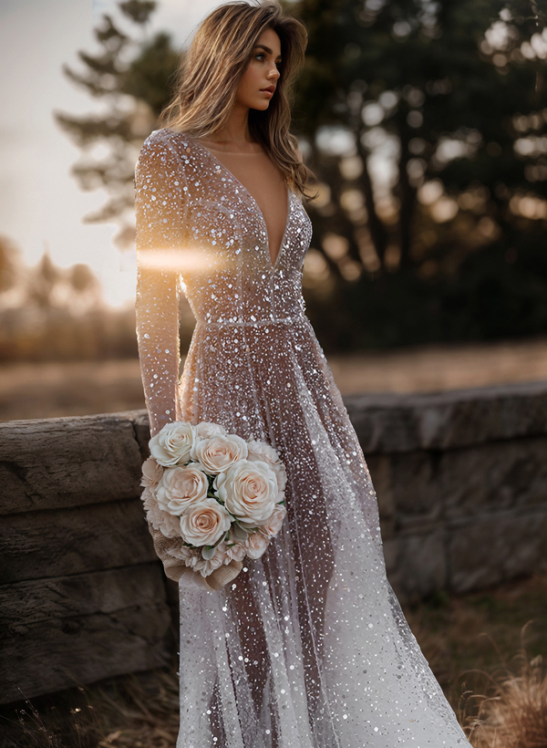 Boho Sequin V-Neck Long Sleeves Sweep Train Wedding Dresses, image 3