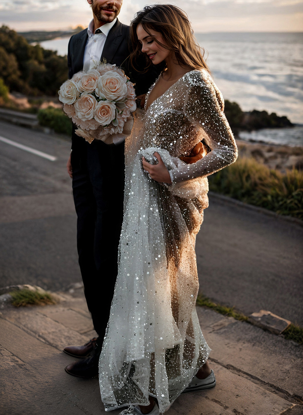 Boho Sequin V-Neck Long Sleeves Sweep Train Wedding Dresses, image 7