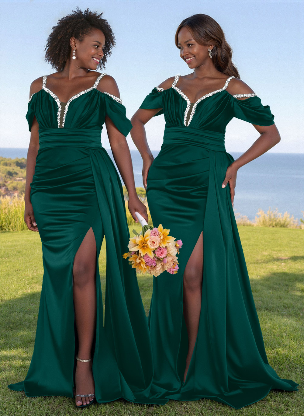 Bedazzled Spaghetti Straps Cold Shoulder Satin Bridesmaid Dresses With High Split