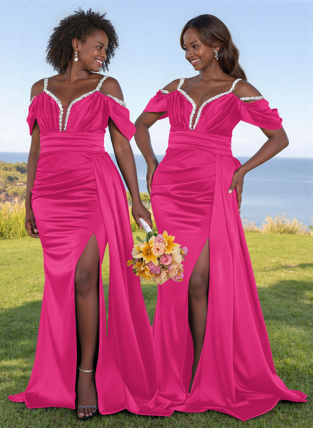 Bedazzled Spaghetti Straps Cold Shoulder Satin Bridesmaid Dresses With High Split