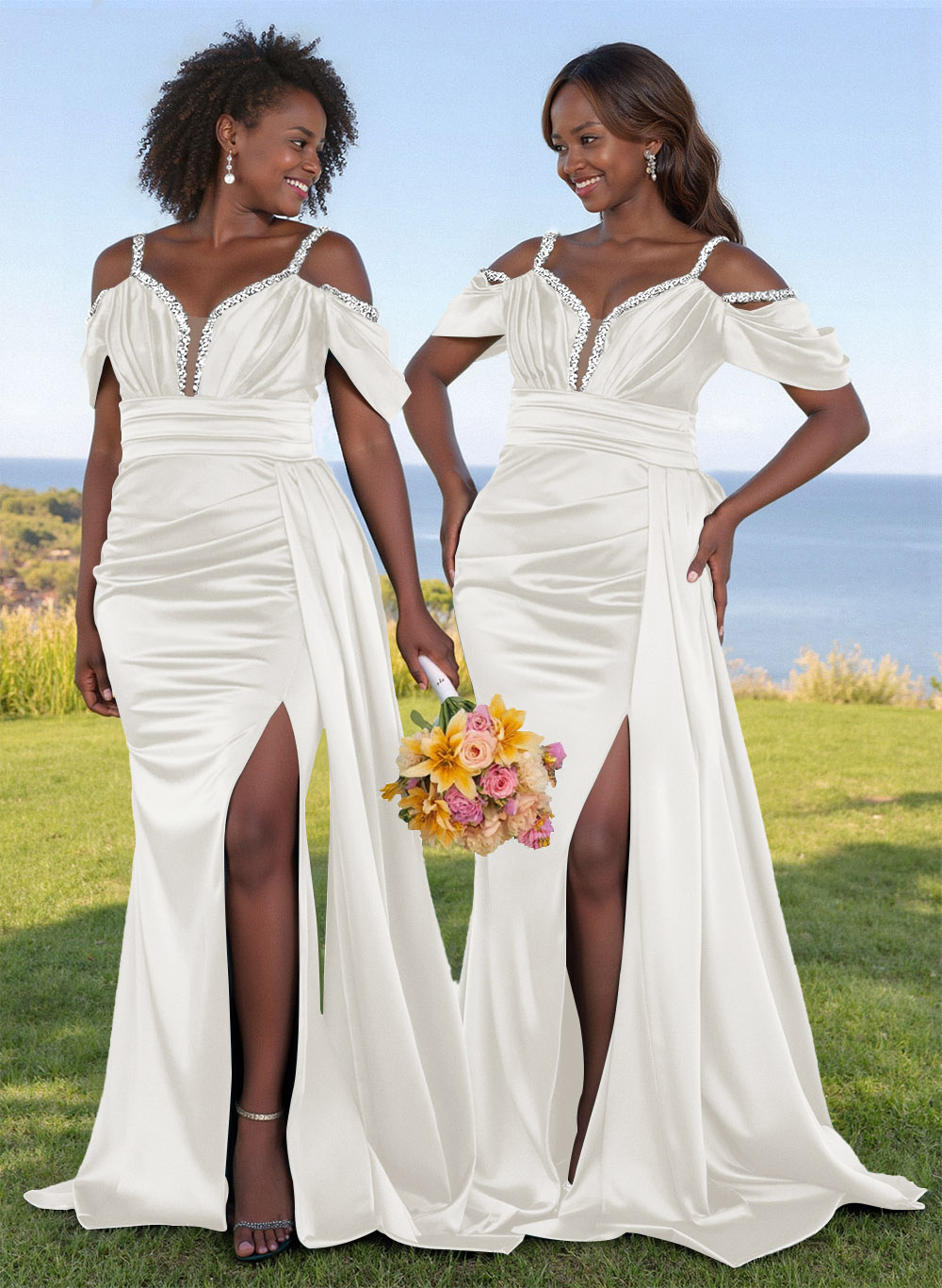 Bedazzled Spaghetti Straps Cold Shoulder Satin Bridesmaid Dresses With High Split
