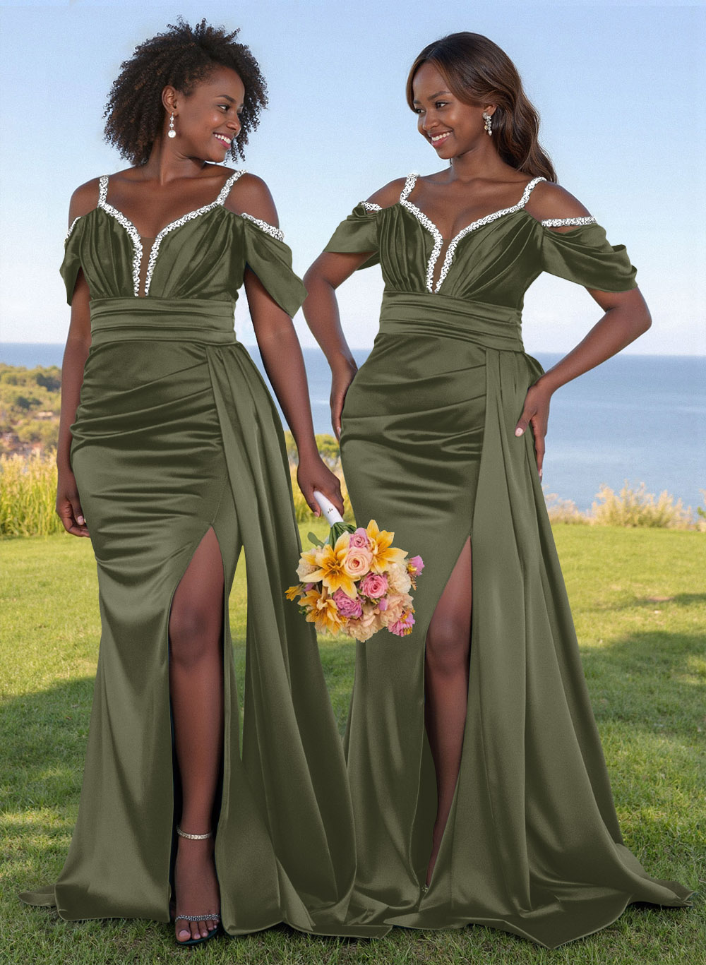 Bedazzled Spaghetti Straps Cold Shoulder Satin Bridesmaid Dresses With High Split