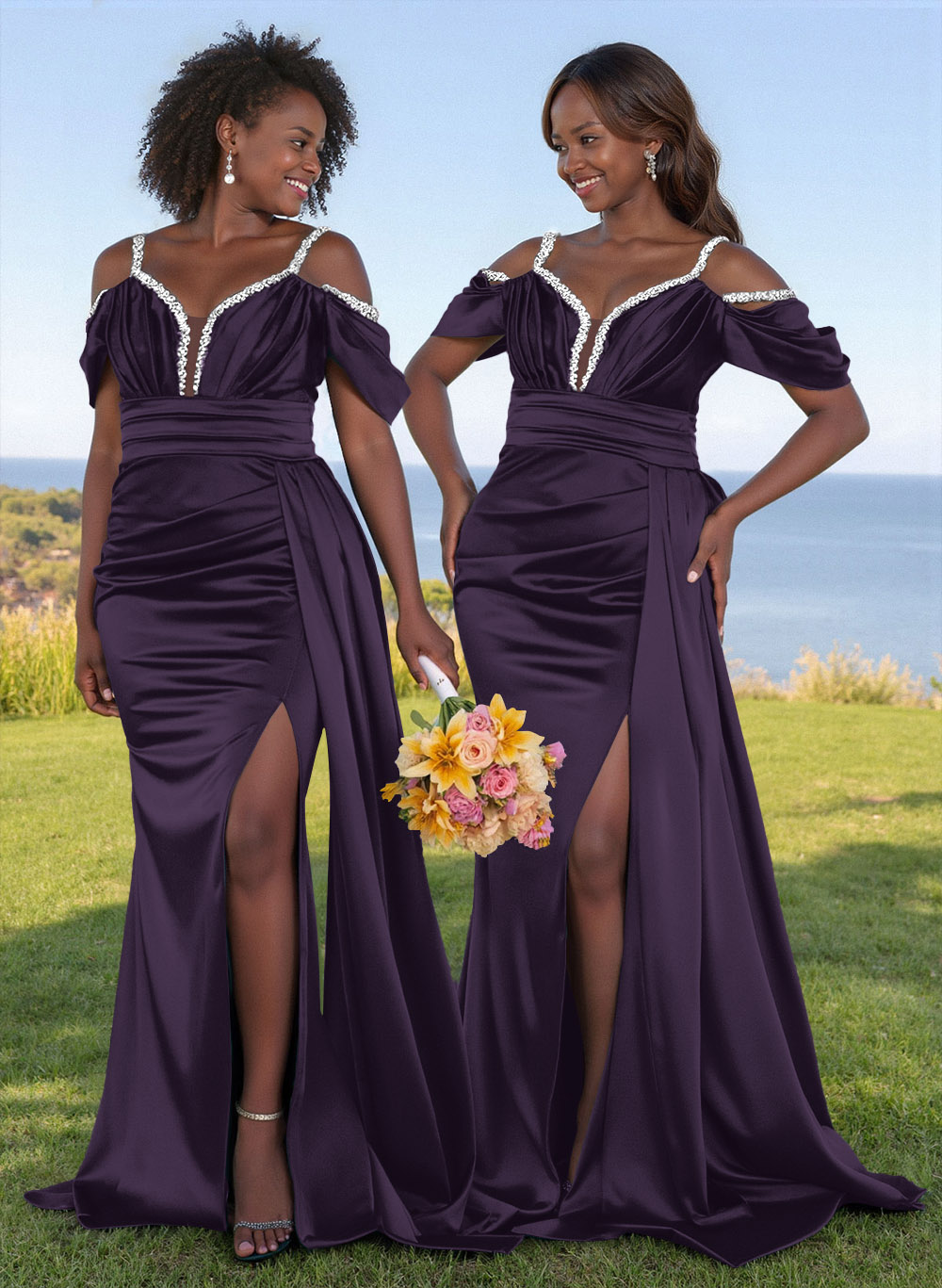 Bedazzled Spaghetti Straps Cold Shoulder Satin Bridesmaid Dresses With High Split