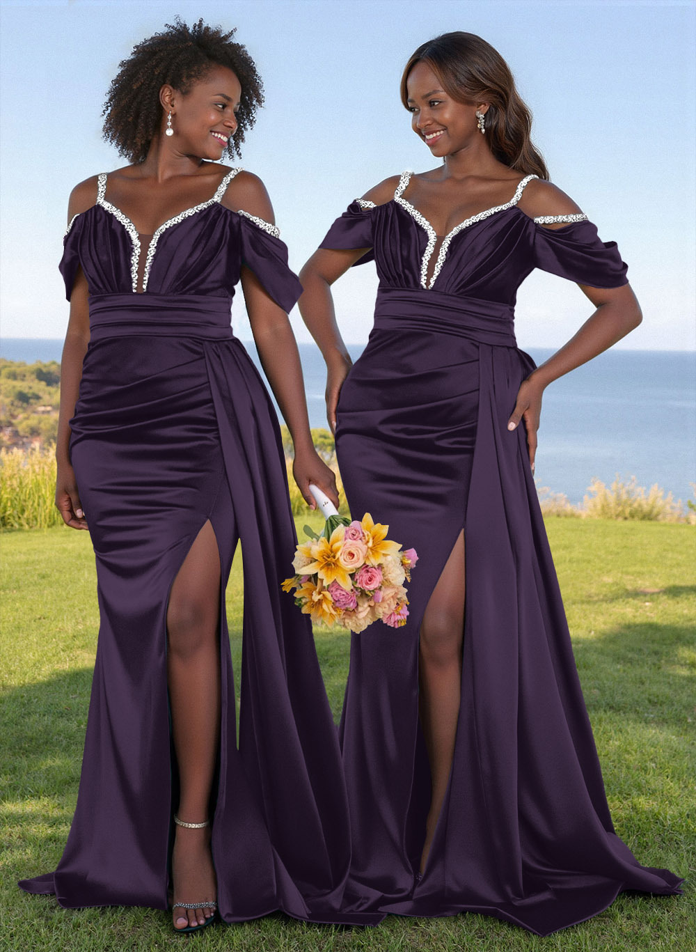 Bedazzled Spaghetti Straps Cold Shoulder Satin Bridesmaid Dresses With High Split
