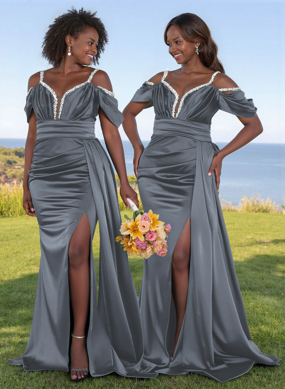 Bedazzled Spaghetti Straps Cold Shoulder Satin Bridesmaid Dresses With High Split