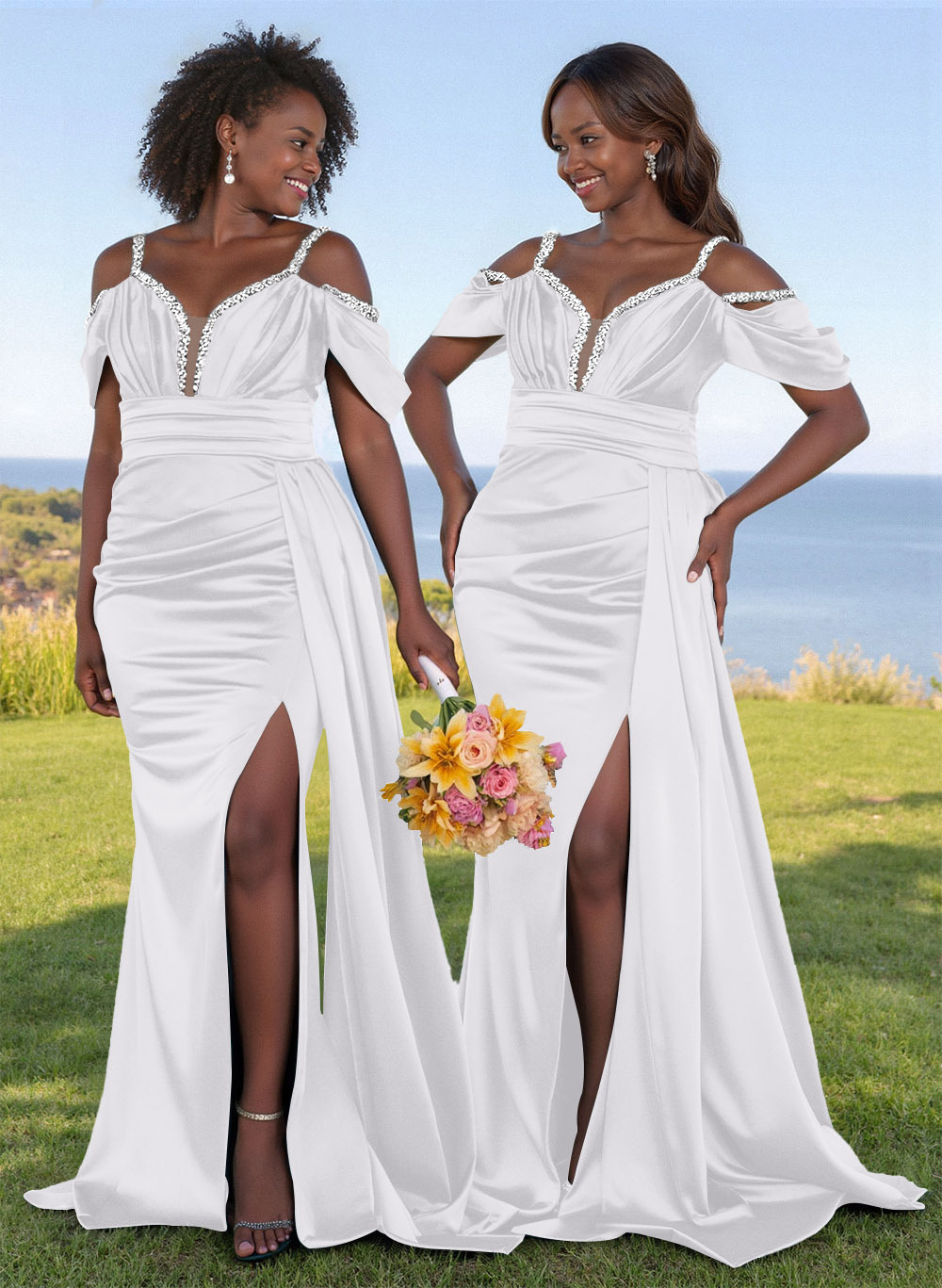 Bedazzled Spaghetti Straps Cold Shoulder Satin Bridesmaid Dresses With High Split