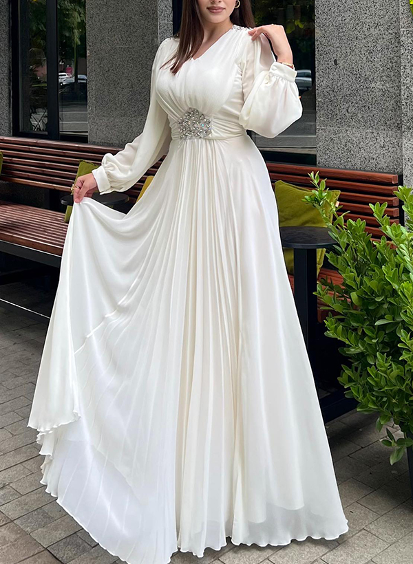 Elegant V-Neck Long Lantern Sleeves Chiffon Evening Dresses With Ruched Waist in Ivory, US2