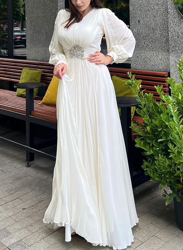 Elegant V-Neck Long Lantern Sleeves Chiffon Evening Dresses With Ruched Waist, supplier image 2