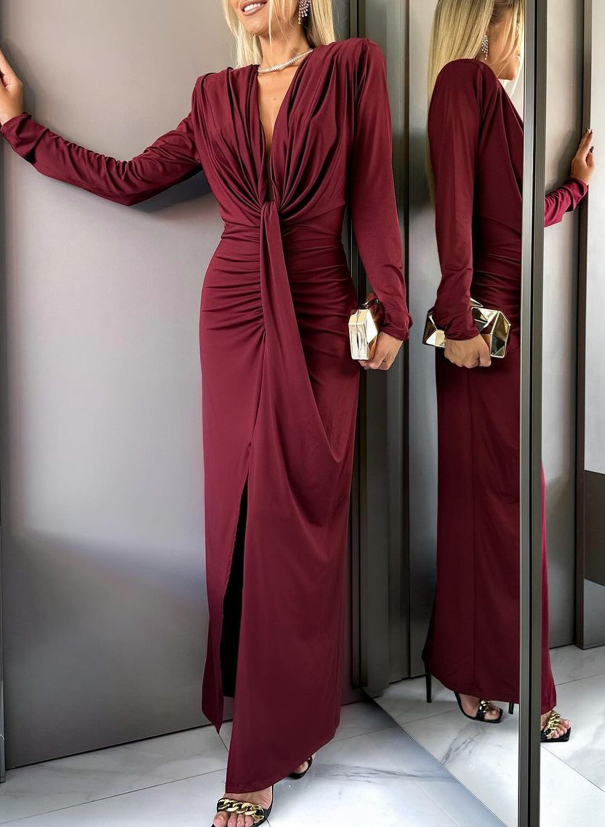 Modest V-Neck Long Sleeves Crepe Satin Evening Dresses With Split Front in Burgundy, US2