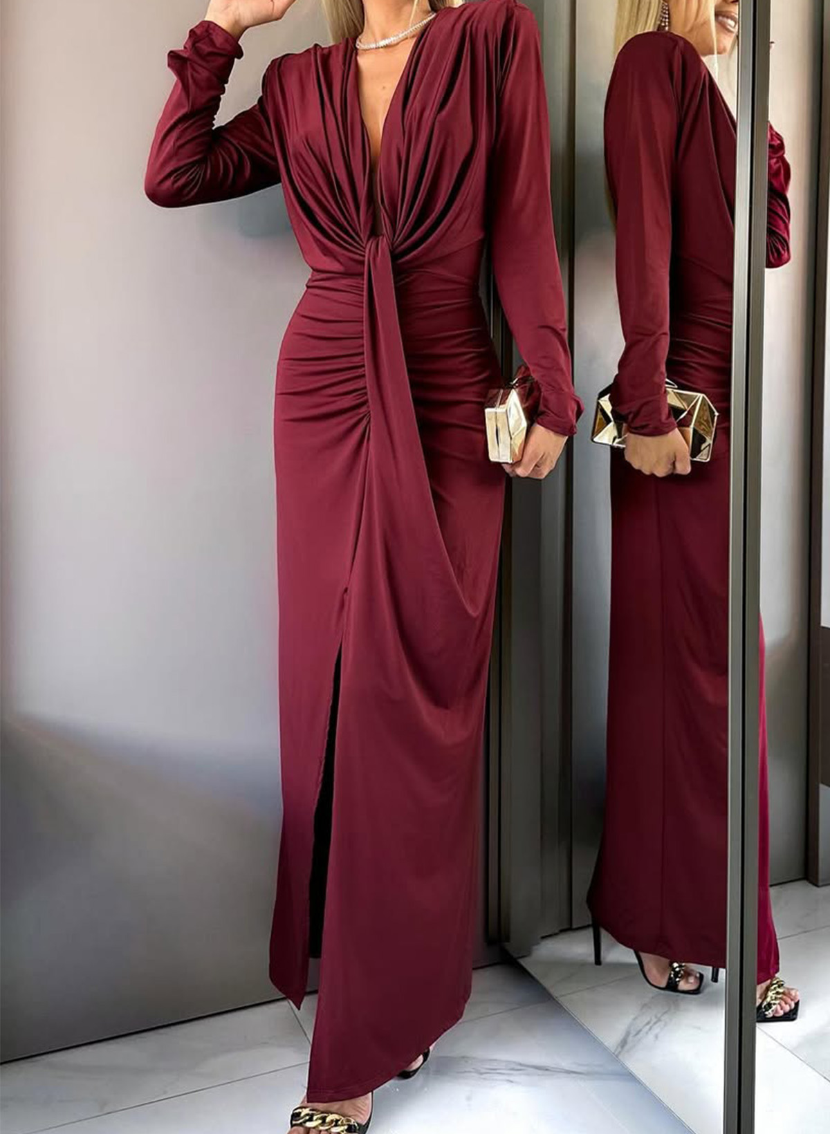 Modest V-Neck Long Sleeves Crepe Satin Evening Dresses With Split Front, supplier image 2