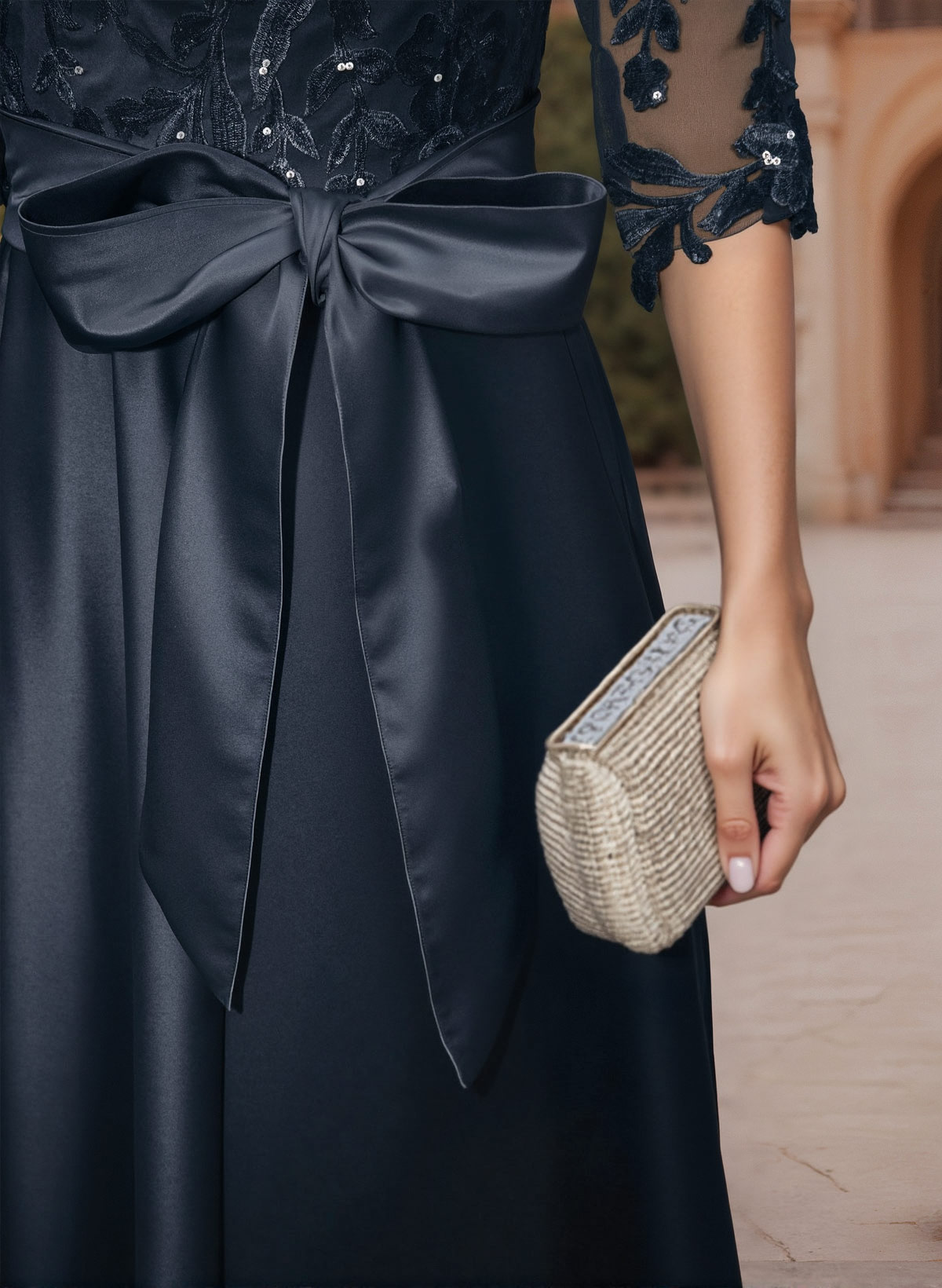 Exquisite Semi Sheer Illusion Lace Applique Neck Mother Of The Bride Dresses With Bow Accented
