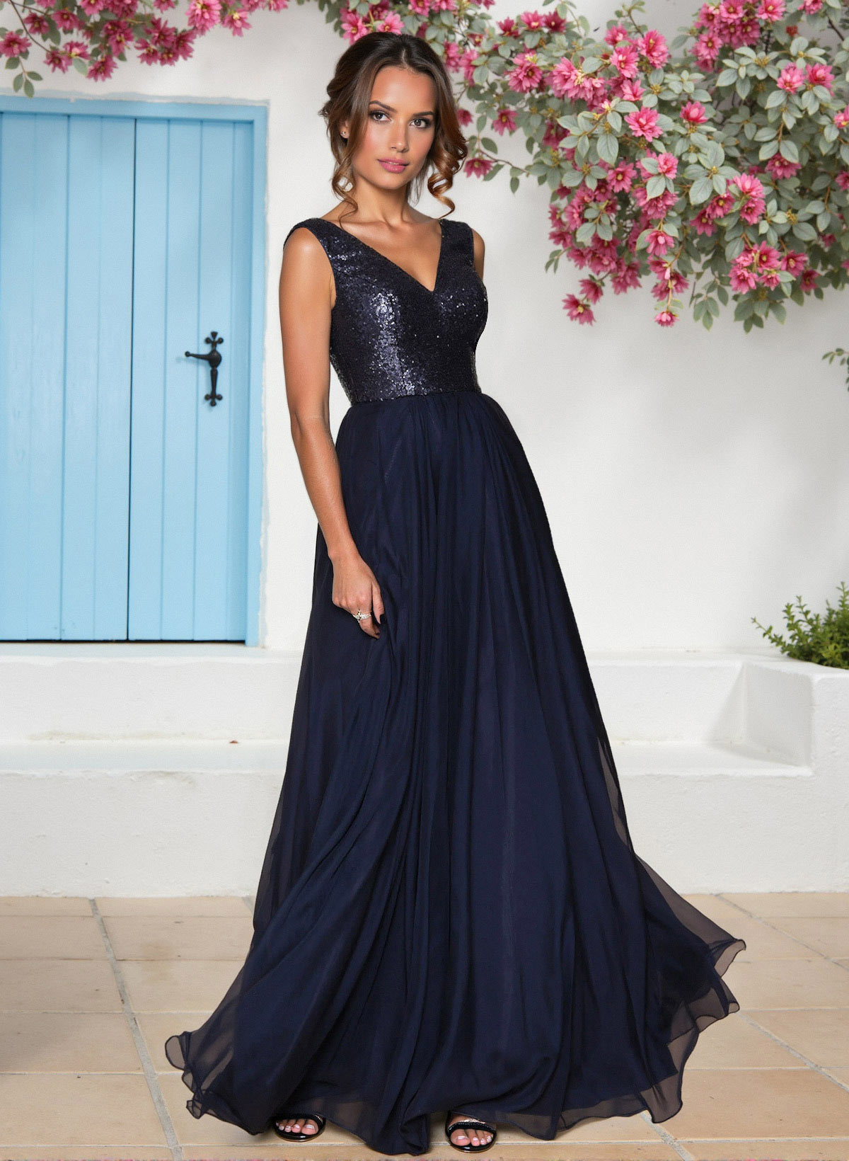 Sequined V-Neck A-Line Chiffon Bridesmaid Dresses