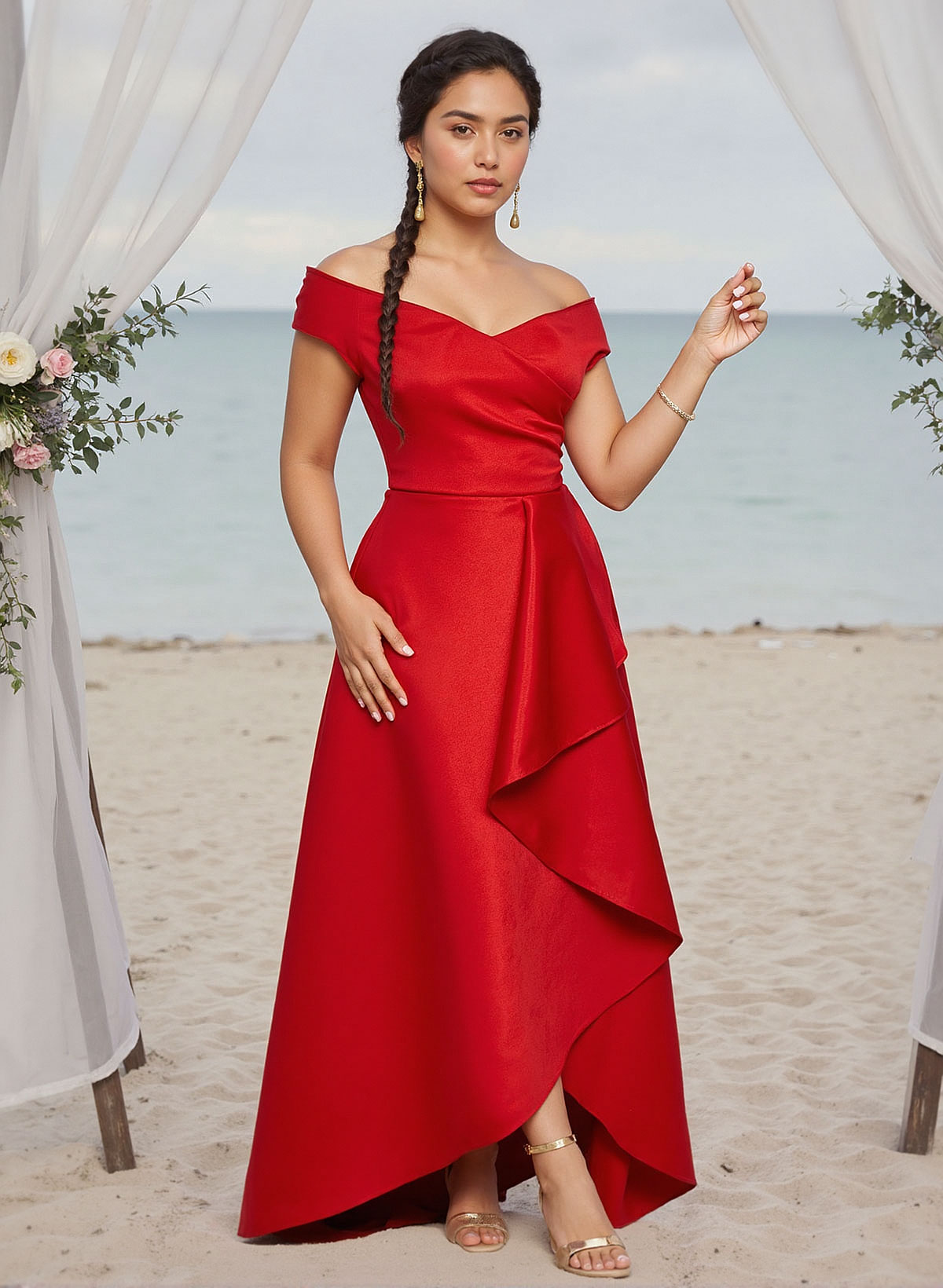 A-Line Off-The-Shoulder Sleeveless Satin Bridesmaid Dresses With Ruffle