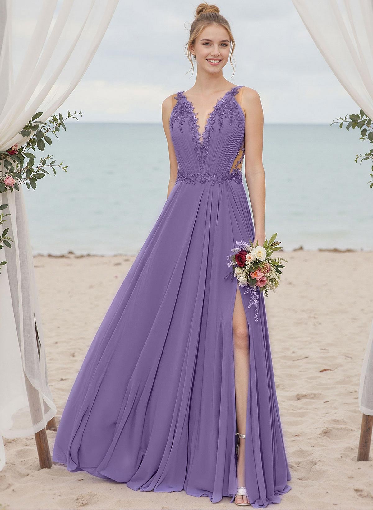 A-Line V-Neck Sleeveless Chiffon Bridesmaid Dresses With Lace/High Split, image 1