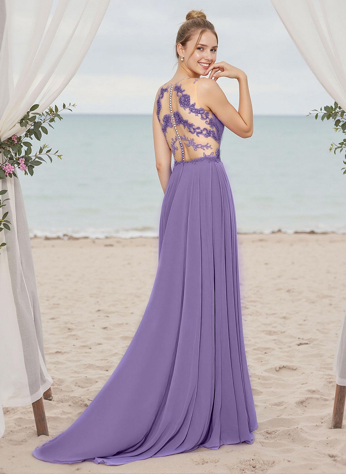 A-Line V-Neck Sleeveless Chiffon Bridesmaid Dresses With Lace/High Split, image 2