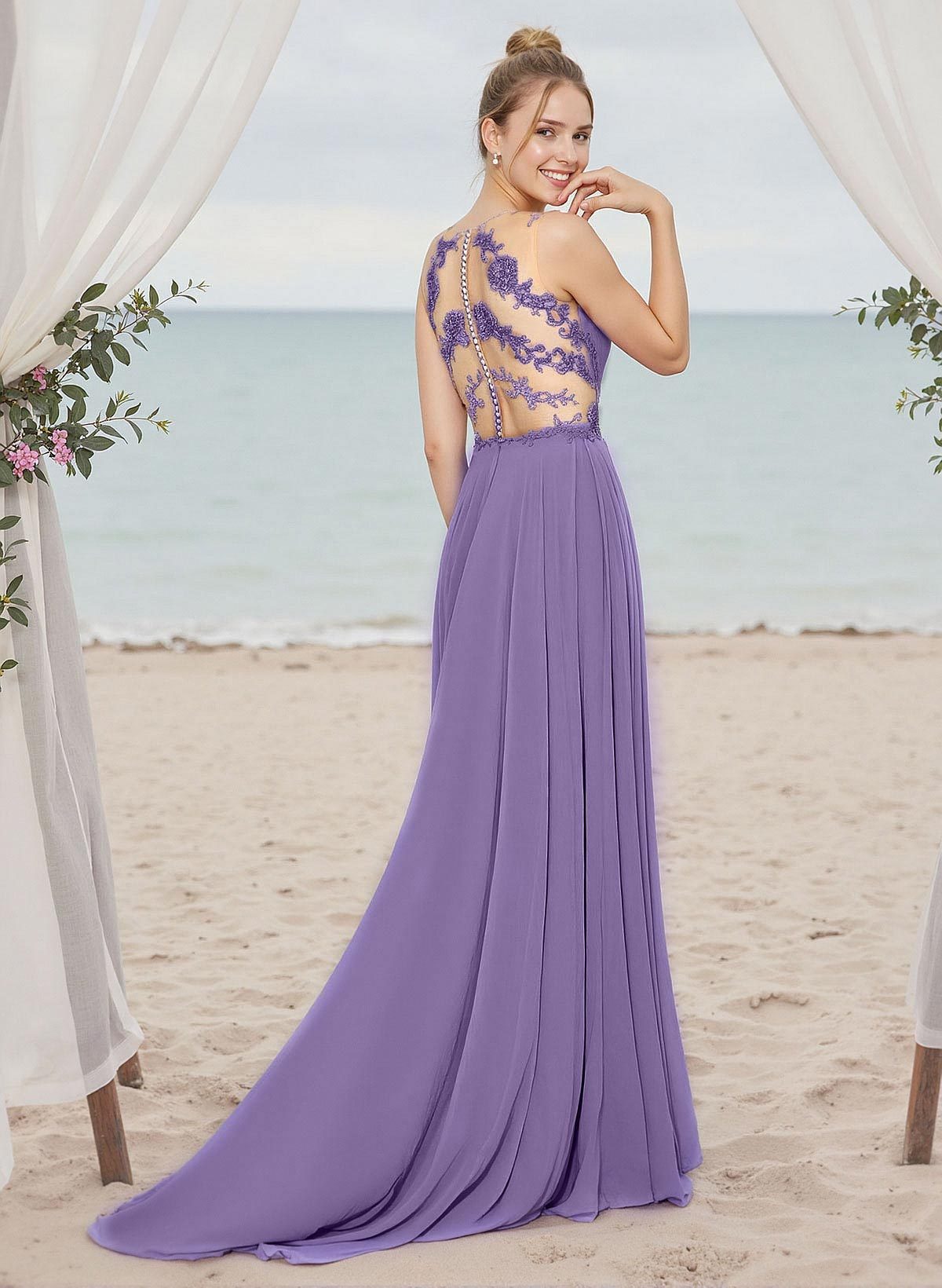 A-Line V-Neck Sleeveless Chiffon Bridesmaid Dresses With Lace/High Split, image 2
