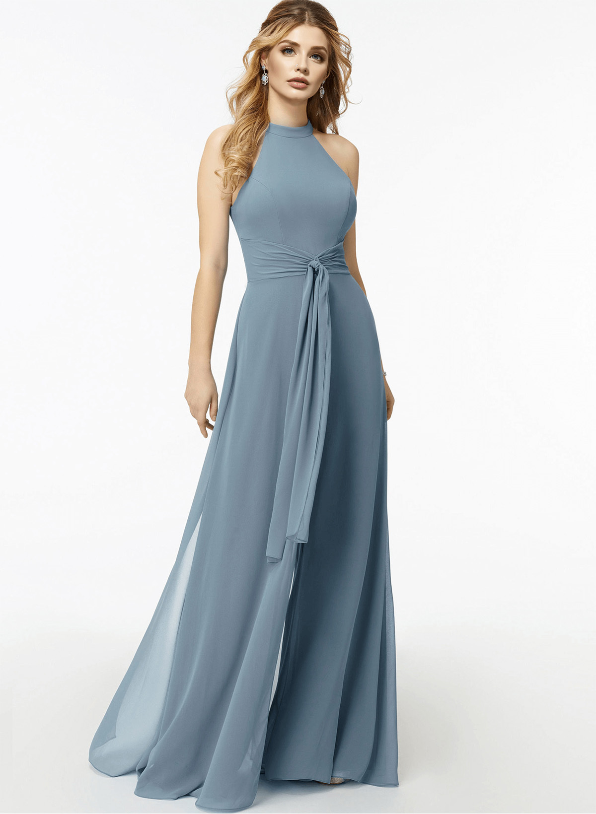 Jumpsuit/Pantsuit High Neck Bridesmaid Dresses With Cascading Ruffles in Dusty Blue, US2