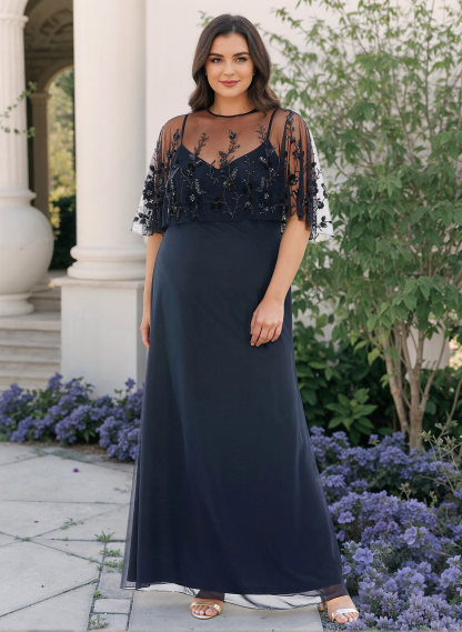 Plus Size Sheath/Column Scoop Neck Chiffon Mother Of The Bride Dresses With Lace in Dark Navy, US2