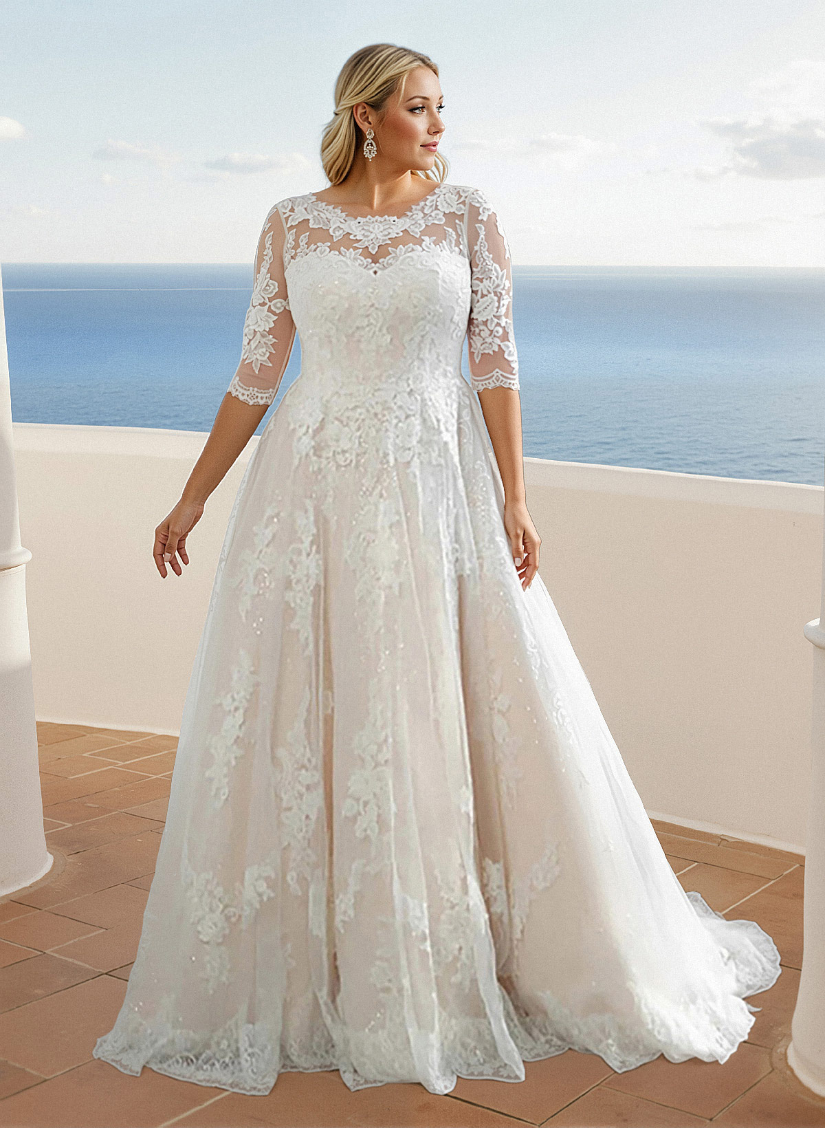 Plus Size Boho A-Line Illusion Neck Wedding Dresses With Lace/Tulle Sleeves, product image 1