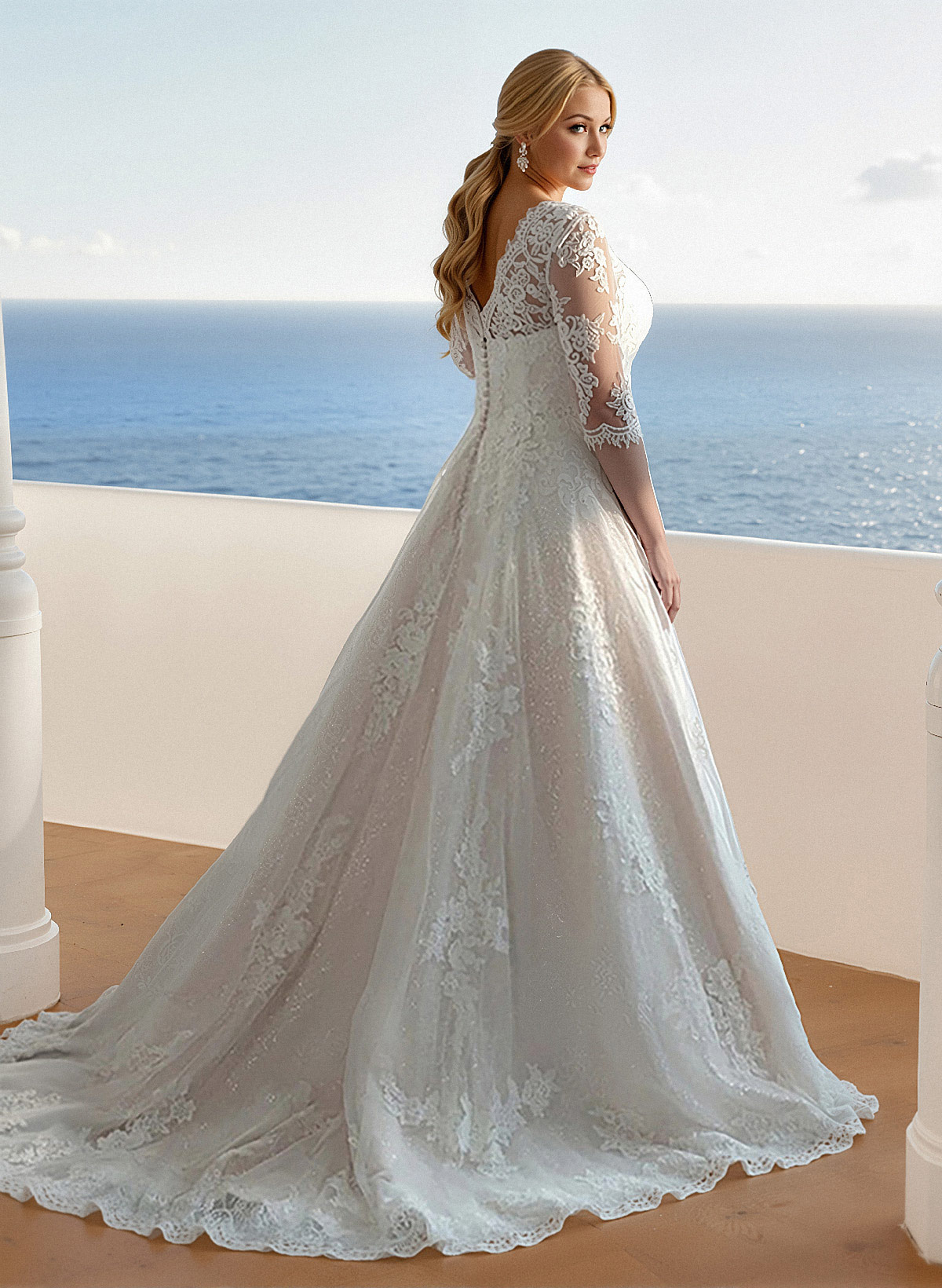Plus Size Boho A-Line Illusion Neck Wedding Dresses With Lace/Tulle Sleeves, product image 2