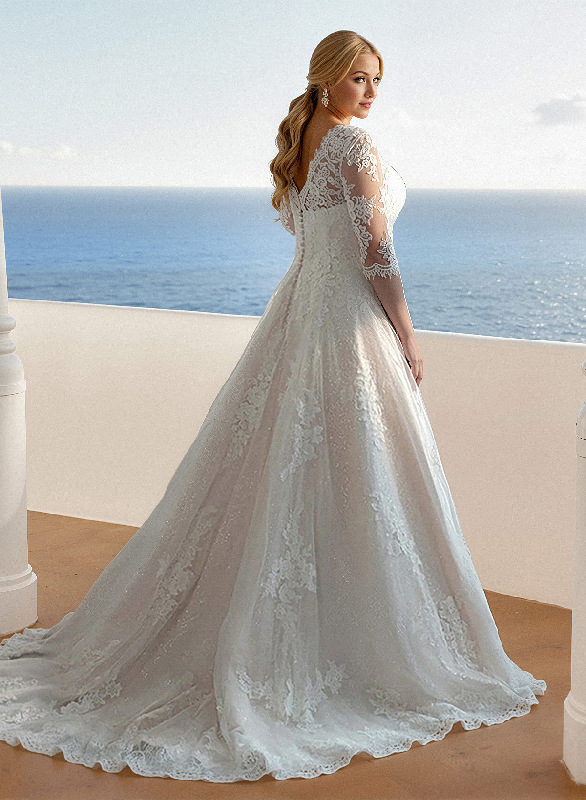 Plus Size Boho A-Line Illusion Neck Wedding Dresses With Lace/Tulle Sleeves, product image 2