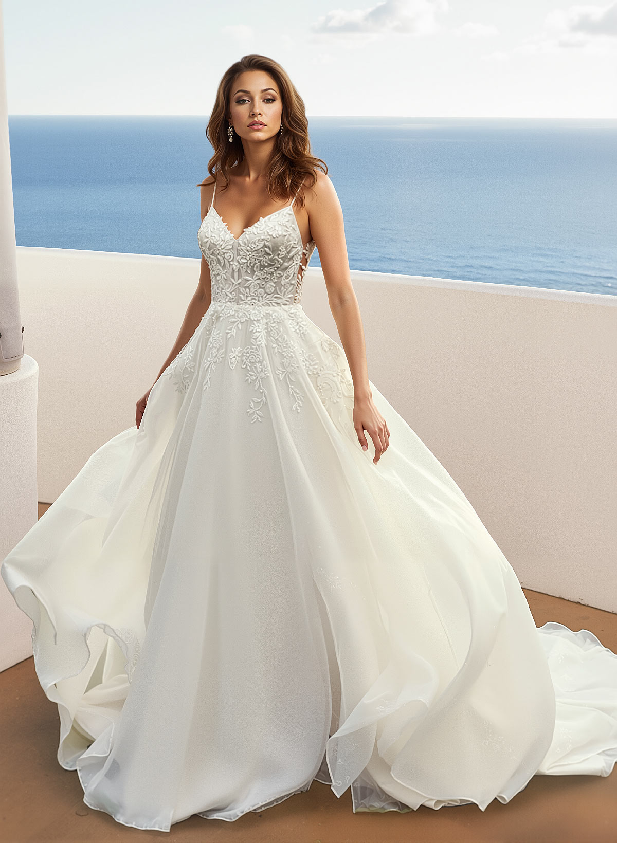 Lace A-Line Organza Open Back Wedding Dresses, product image 1