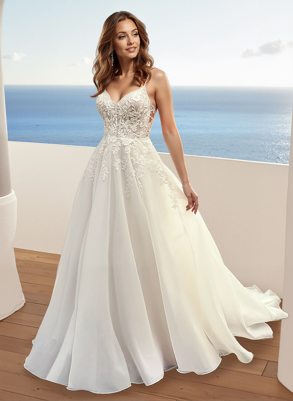Lace A-Line Organza Open Back Wedding Dresses, product image 2