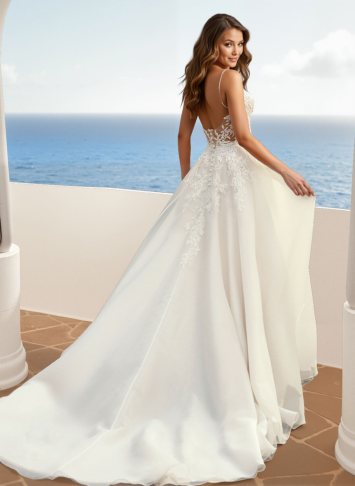 Lace A-Line Organza Open Back Wedding Dresses, product image 3