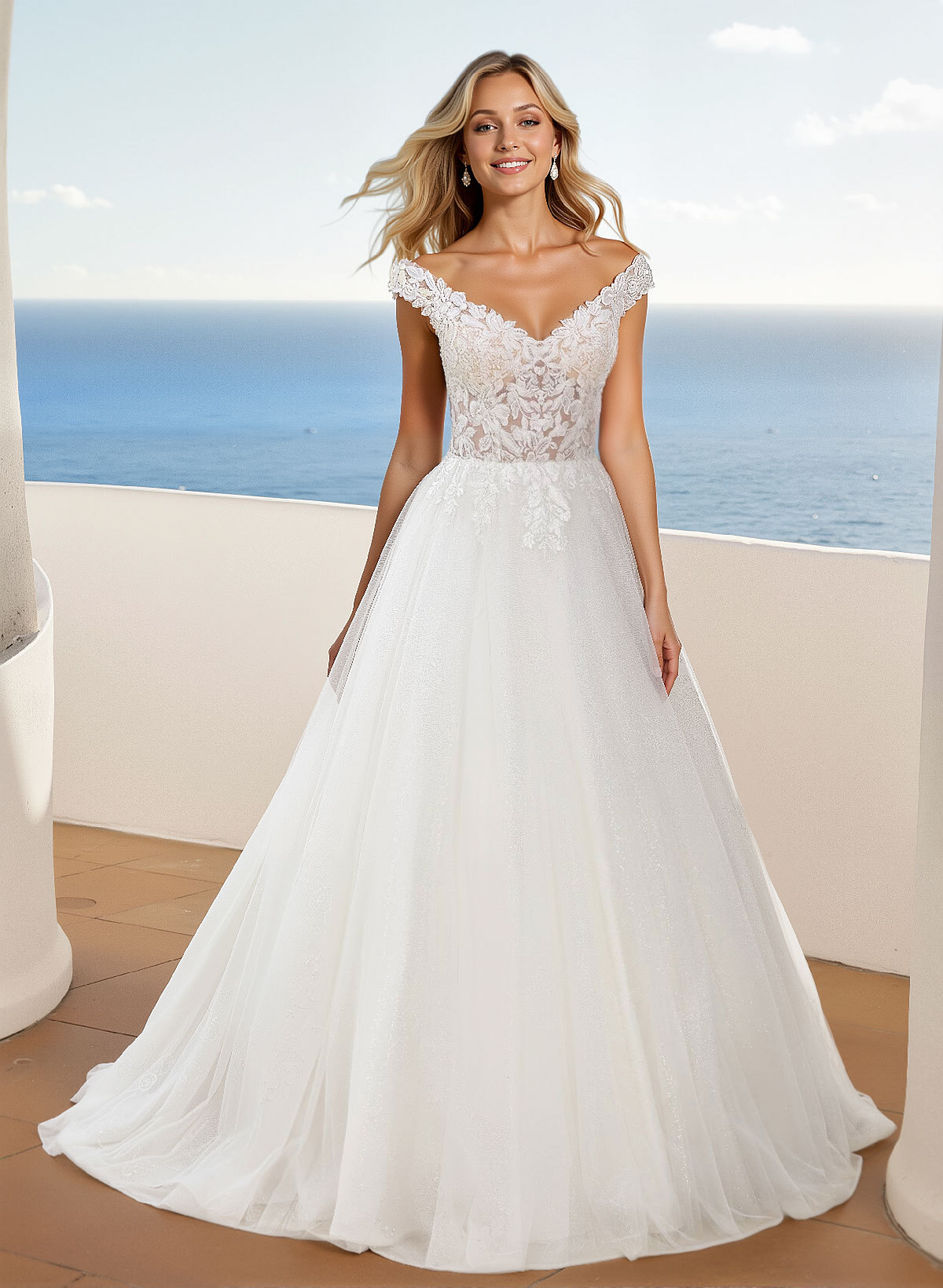 A-Line Off-The-Shoulder Sleeveless Sweep Train Lace/Tulle Wedding Dresses in Ivory, US2