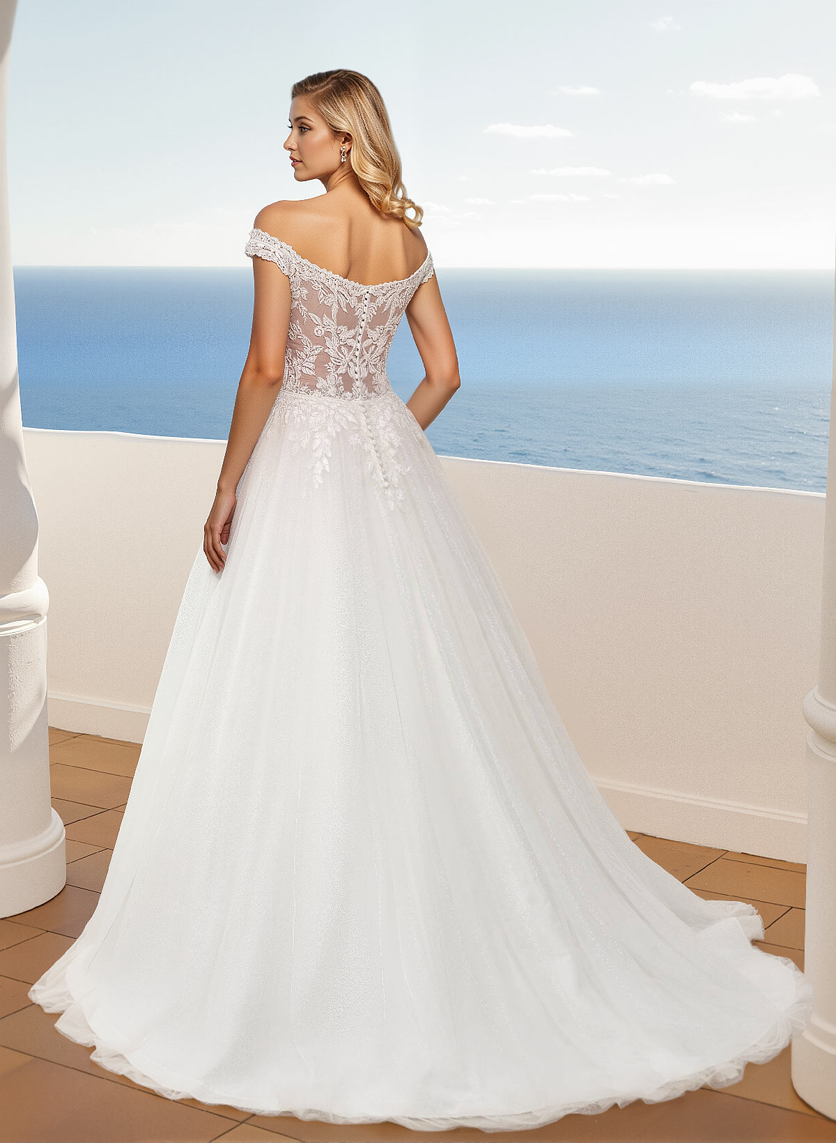 A-Line Off-The-Shoulder Sleeveless Sweep Train Lace/Tulle Wedding Dresses, product image 2
