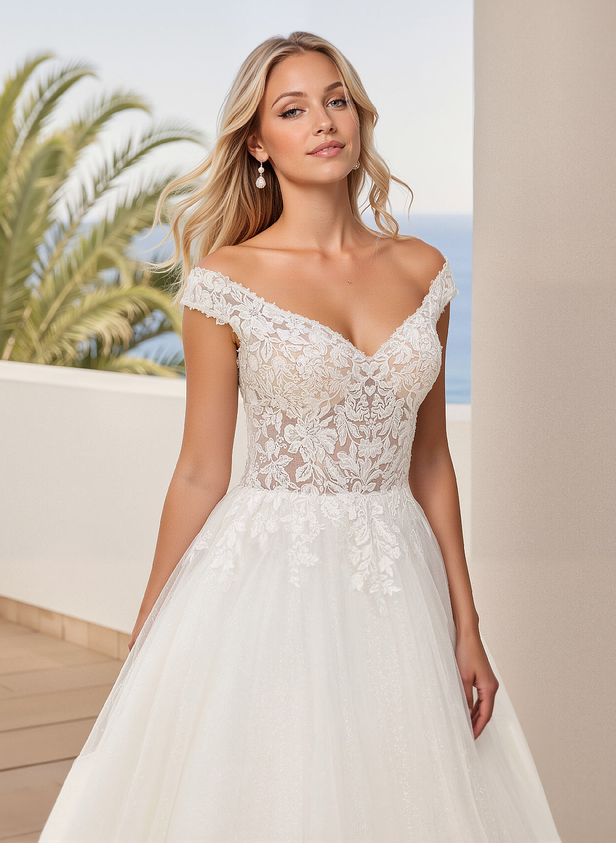 A-Line Off-The-Shoulder Sleeveless Sweep Train Lace/Tulle Wedding Dresses, product image 3