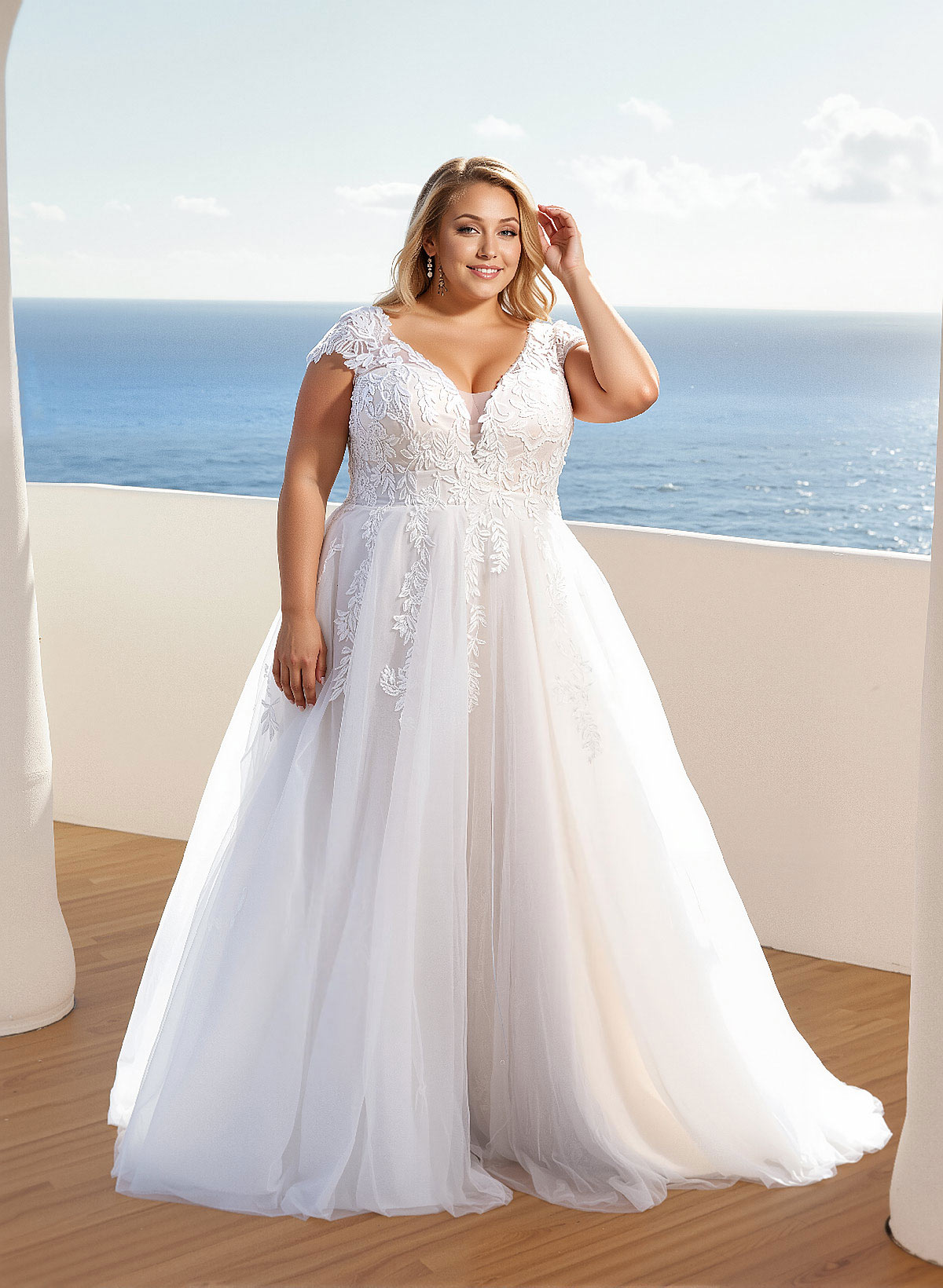 Plus Size A-Line V-Neck Sleeveless Sweep Train Tulle Wedding Dresses With Lace, product image 2