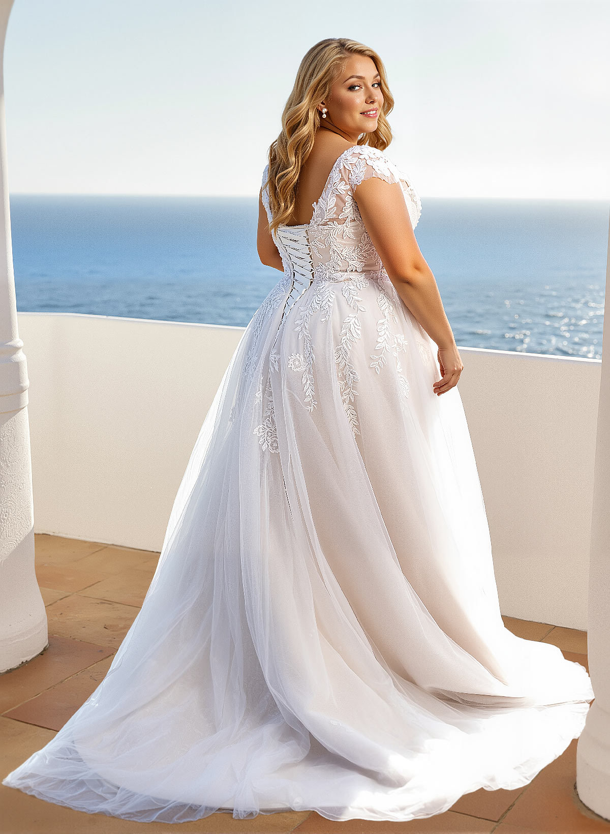 Plus Size A-Line V-Neck Sleeveless Sweep Train Tulle Wedding Dresses With Lace, product image 4